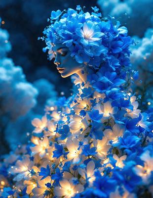 The primary subject of the image is a woman wearing a blue floral headpiece, which is adorned with blue flowers. She is surrounded by a beautiful blue and white floral background. The visual style of the image is a combination of photo and digital art, creating a surreal and dreamy atmosphere. The colors and mood of the image are predominantly blue and white, with a touch of purple, giving it a serene and calming vibe.